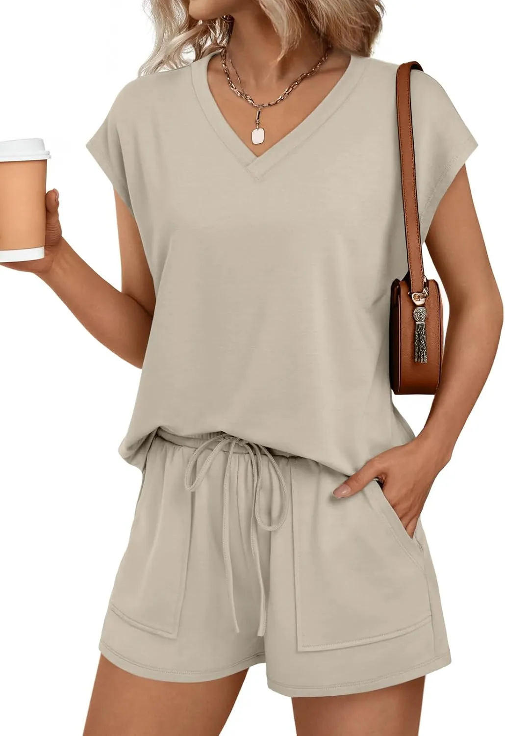 AUTOMET 2 Piece V Neck Cap Sleeve Shirt and Shorts Set Womens Matching Summer Lounge Sets
