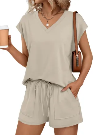 AUTOMET 2 Piece V Neck Cap Sleeve Shirt and Shorts Set Womens Matching Summer Lounge Sets