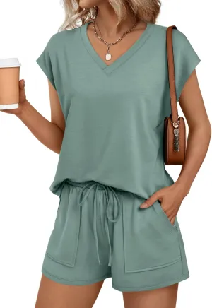 AUTOMET 2 Piece V Neck Cap Sleeve Shirt and Shorts Set Womens Matching Summer Lounge Sets