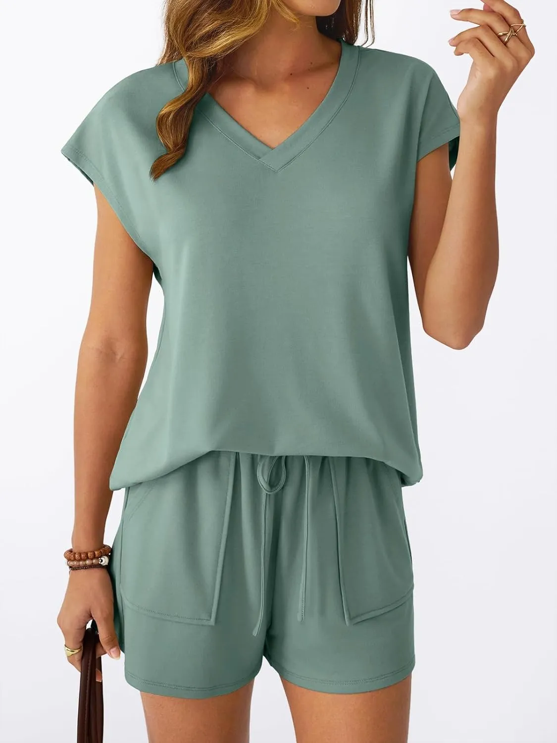 AUTOMET 2 Piece V Neck Cap Sleeve Shirt and Shorts Set Womens Matching Summer Lounge Sets