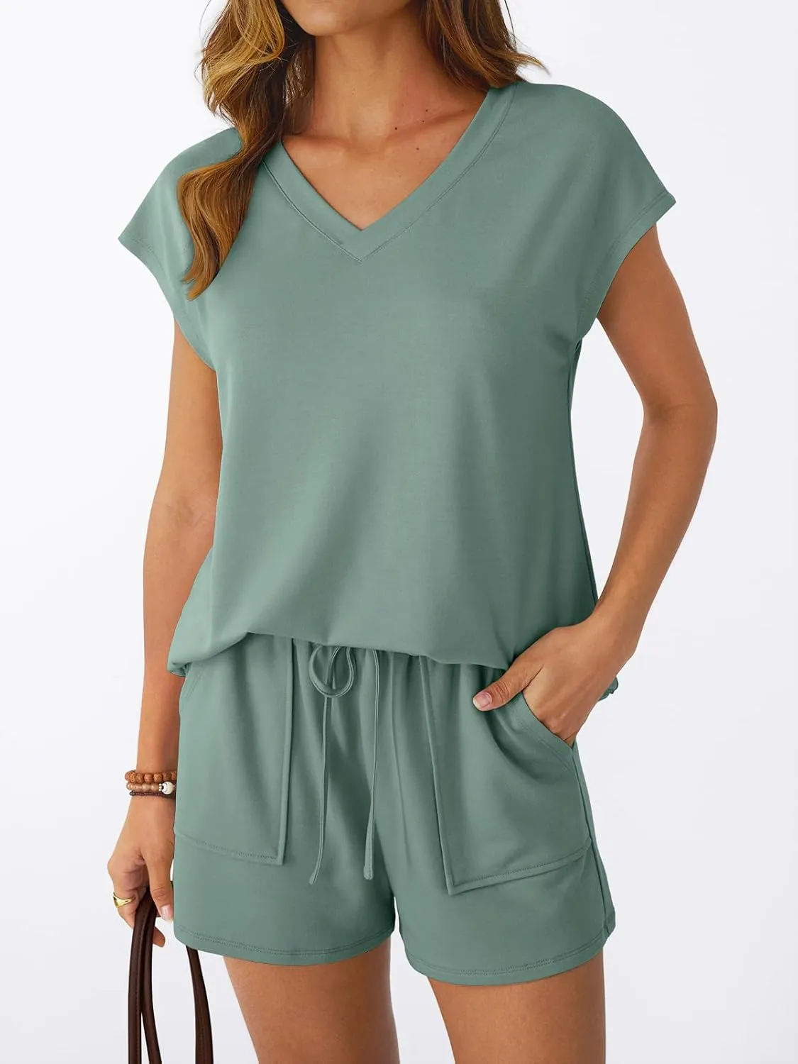 AUTOMET 2 Piece V Neck Cap Sleeve Shirt and Shorts Set Womens Matching Summer Lounge Sets