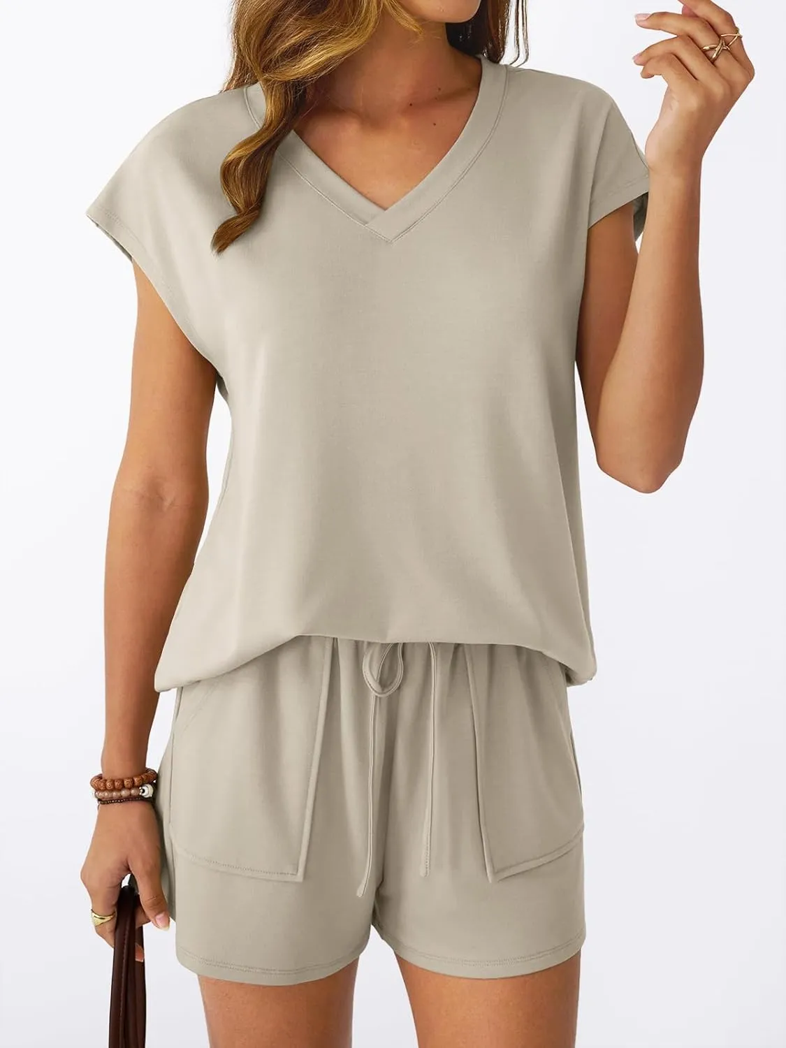 AUTOMET 2 Piece V Neck Cap Sleeve Shirt and Shorts Set Womens Matching Summer Lounge Sets