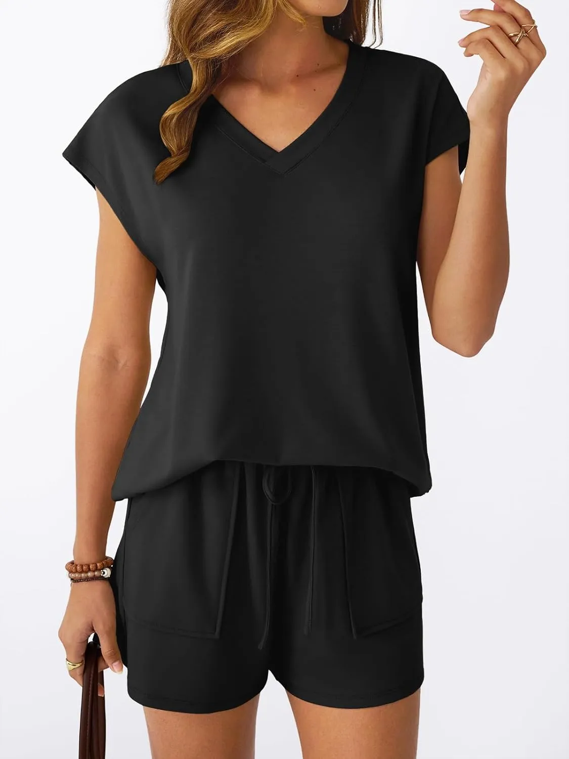 AUTOMET 2 Piece V Neck Cap Sleeve Shirt and Shorts Set Womens Matching Summer Lounge Sets