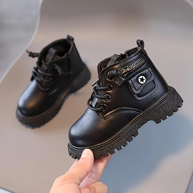 Baby Girls Work Boots Autumn Fashion Leather Lace-Up Boots Soft Flat Ankle Snow Boots, Toddler Fur Winter Shoes Sneakers