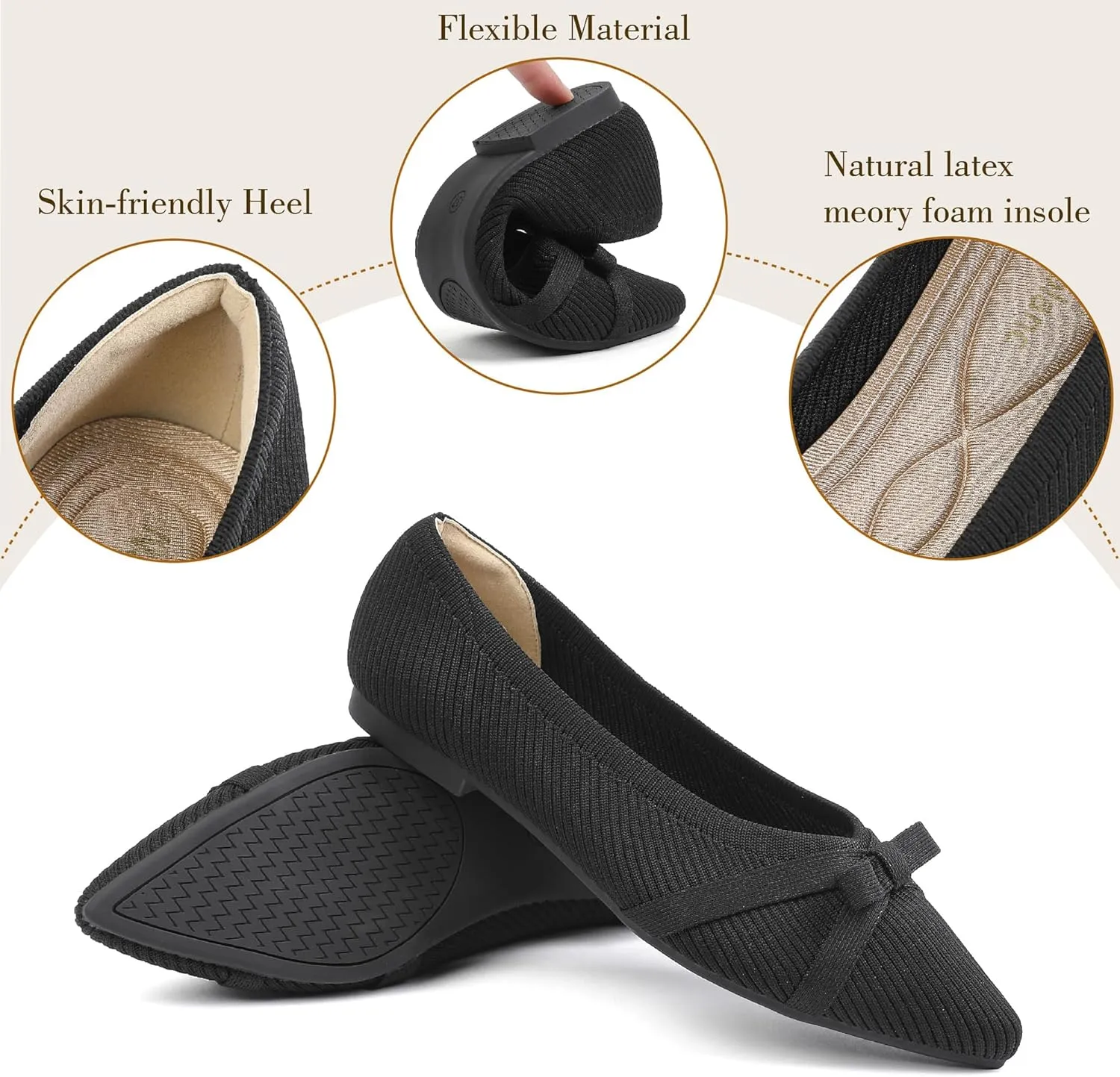 Ballet Flats Shoes for Women - Comfortable Casual Dressy Classic Softable Pointed Toe Bow Knit Work Office Shoe