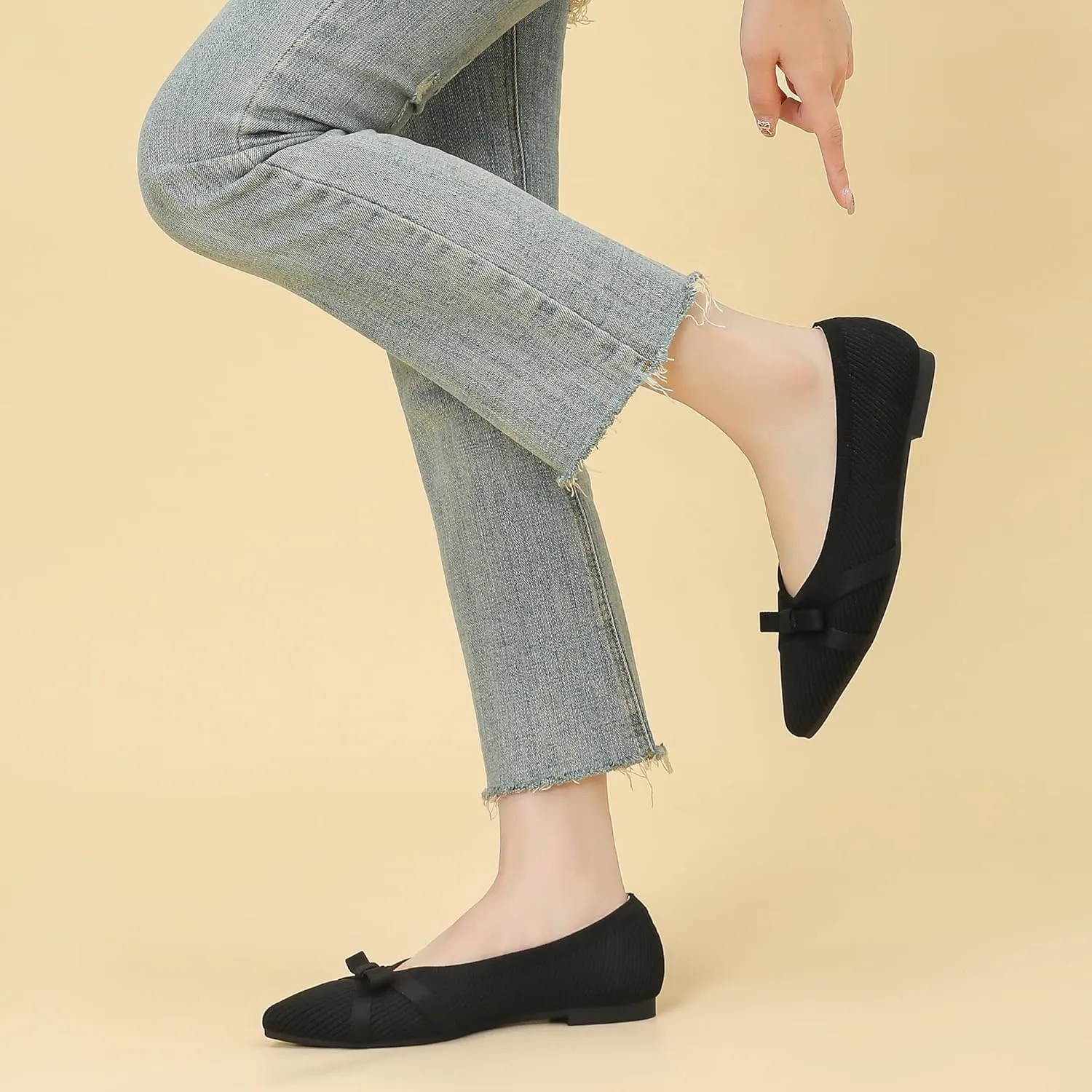 Ballet Flats Shoes for Women - Comfortable Casual Dressy Classic Softable Pointed Toe Bow Knit Work Office Shoe