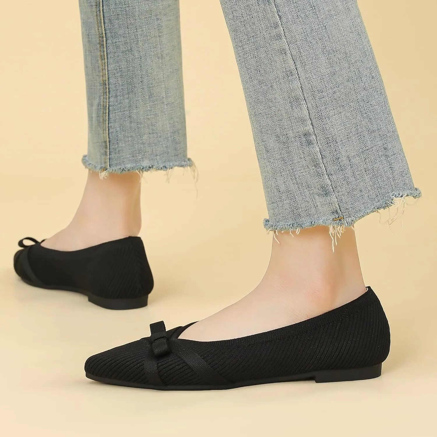 Ballet Flats Shoes for Women - Comfortable Casual Dressy Classic Softable Pointed Toe Bow Knit Work Office Shoe