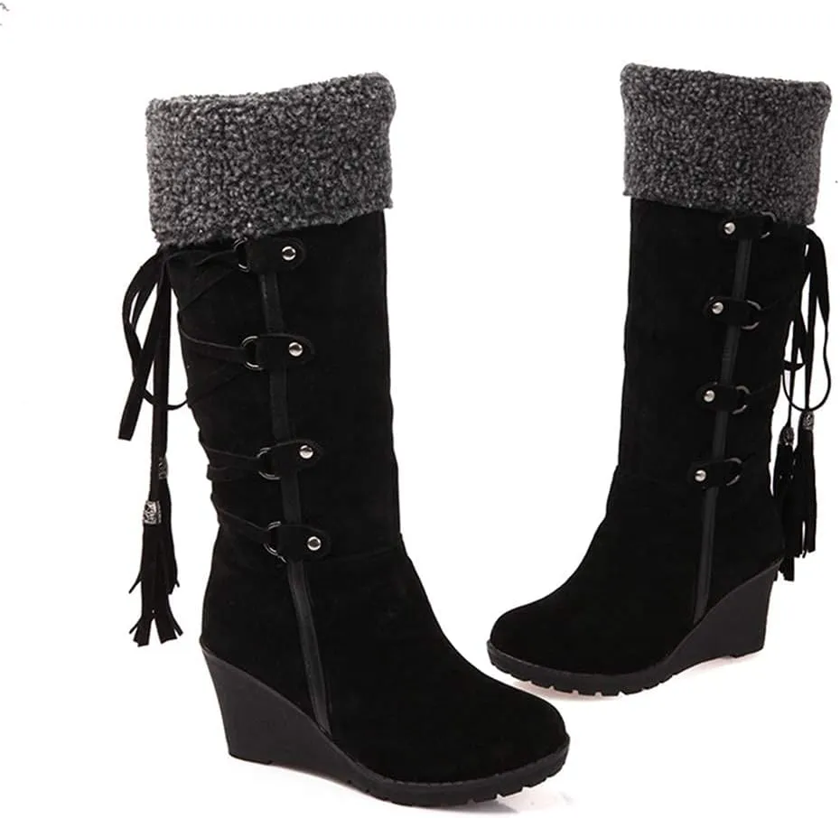 Bcshiye Wedge Boots for Women Knee High Winter Warm Slip On Fur Lining Snow Boots Fashion Wedge Platform Riding Boots