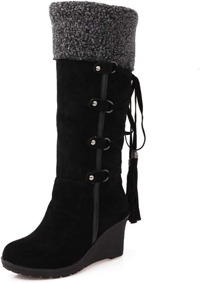 Bcshiye Wedge Boots for Women Knee High Winter Warm Slip On Fur Lining Snow Boots Fashion Wedge Platform Riding Boots