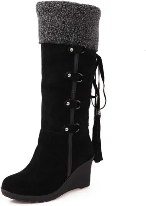 Bcshiye Wedge Boots for Women Knee High Winter Warm Slip On Fur Lining Snow Boots Fashion Wedge Platform Riding Boots