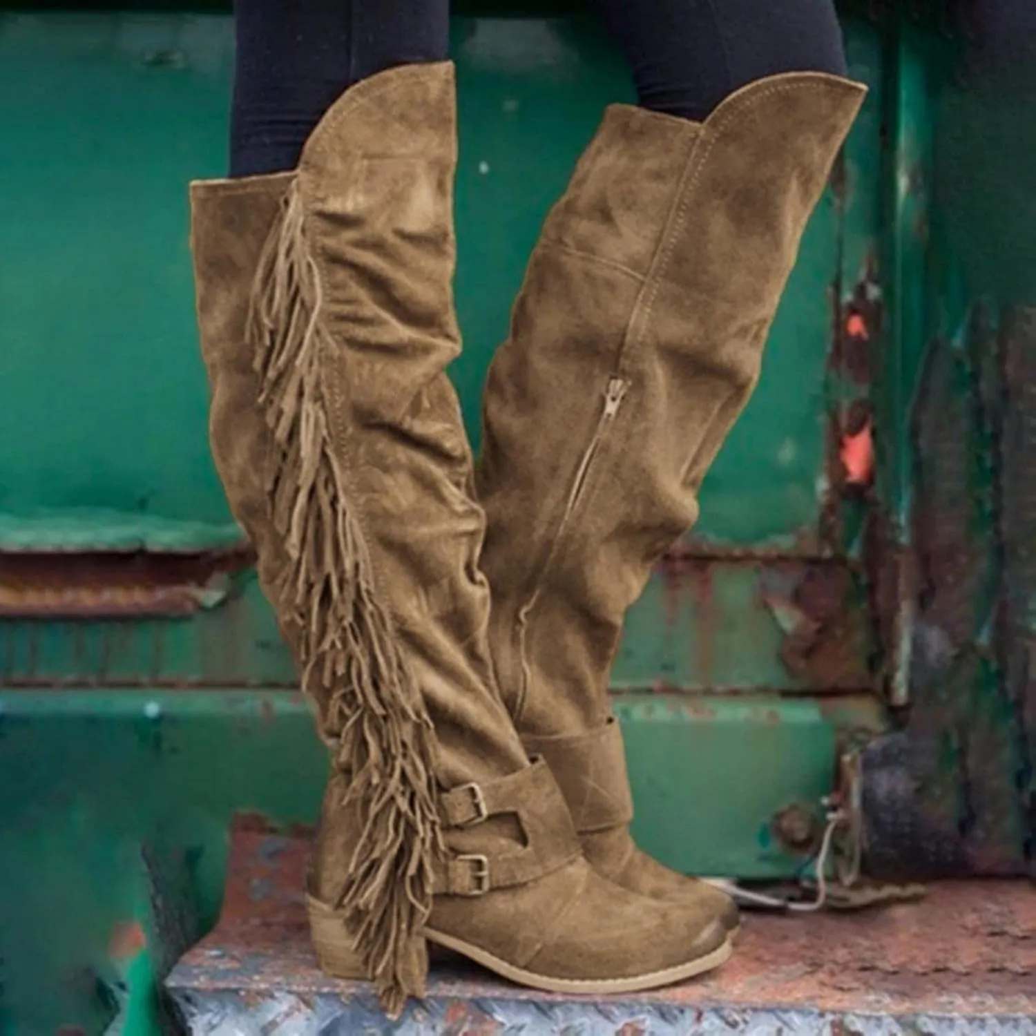 Bcshiye Women's Knee High Boots Casual Over The Knee Retro Tassel Moccasin Square Low Heel Zipper Western Long Booties