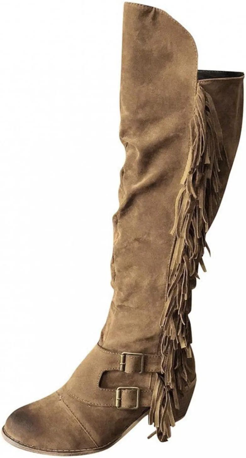 Bcshiye Women's Knee High Boots Casual Over The Knee Retro Tassel Moccasin Square Low Heel Zipper Western Long Booties