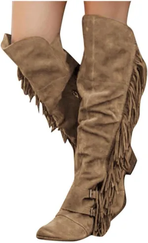 Bcshiye Women's Knee High Boots Casual Over The Knee Retro Tassel Moccasin Square Low Heel Zipper Western Long Booties