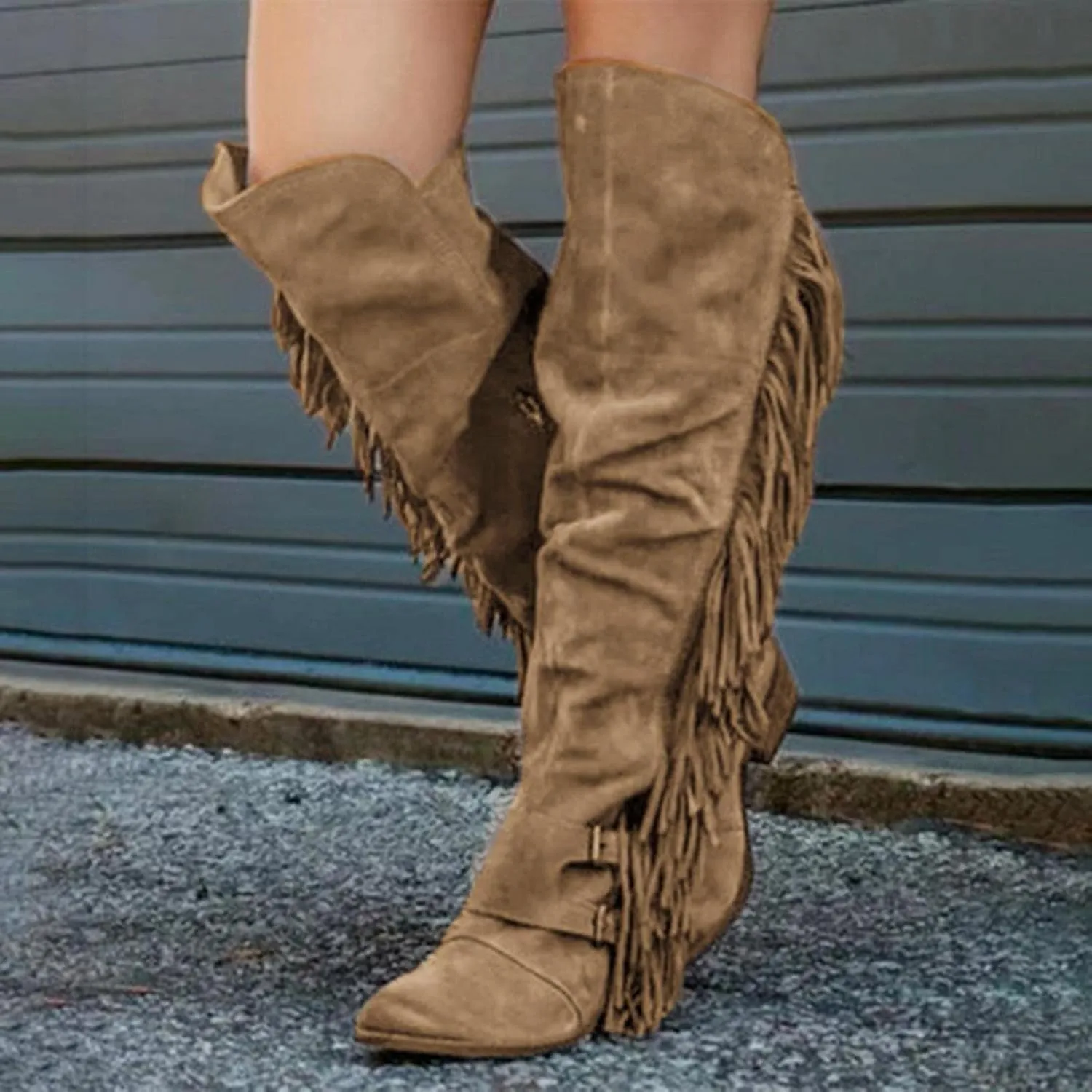 Bcshiye Women's Knee High Boots Casual Over The Knee Retro Tassel Moccasin Square Low Heel Zipper Western Long Booties