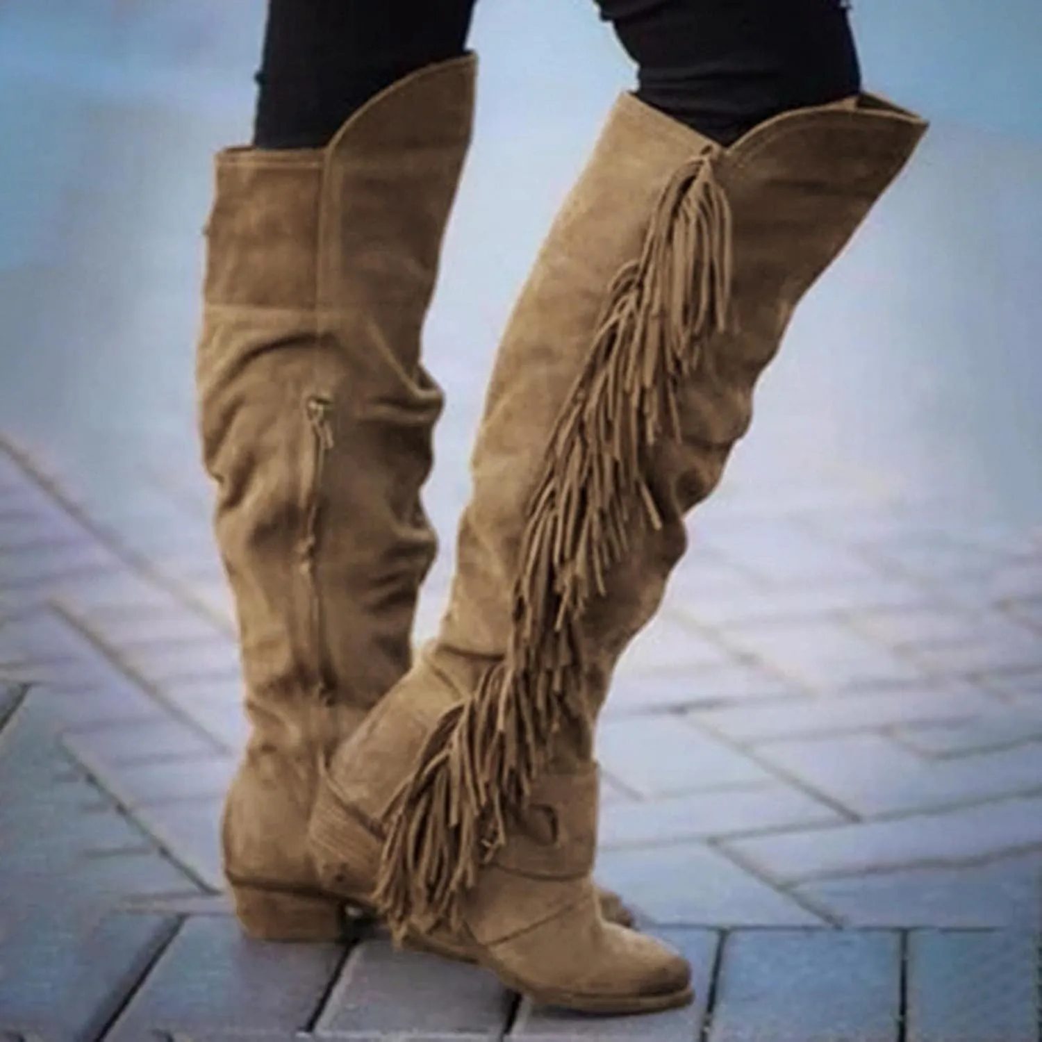 Bcshiye Women's Knee High Boots Casual Over The Knee Retro Tassel Moccasin Square Low Heel Zipper Western Long Booties