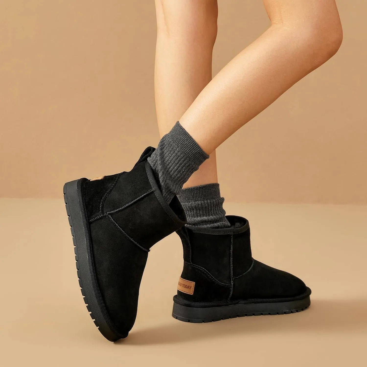 BEAU TODAY Snow Boots for Women Genuine Sheepskin Shearling Winter Non-Slip Ankle Booties Warm Fur Iining Platform Comfortable Round Toe Boots Pull-on Walking Shoes Outdoors