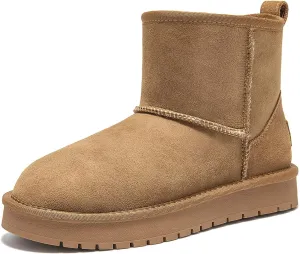 BEAU TODAY Snow Boots for Women Genuine Sheepskin Shearling Winter Non-Slip Ankle Booties Warm Fur Iining Platform Comfortable Round Toe Boots Pull-on Walking Shoes Outdoors