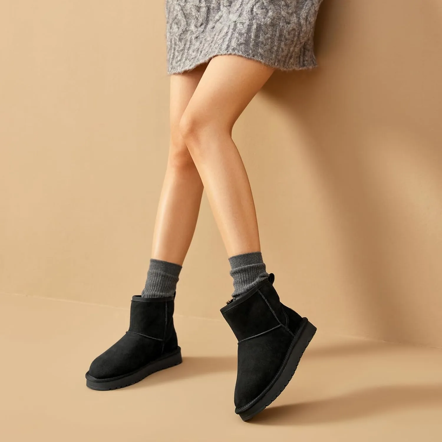 BEAU TODAY Snow Boots for Women Genuine Sheepskin Shearling Winter Non-Slip Ankle Booties Warm Fur Iining Platform Comfortable Round Toe Boots Pull-on Walking Shoes Outdoors