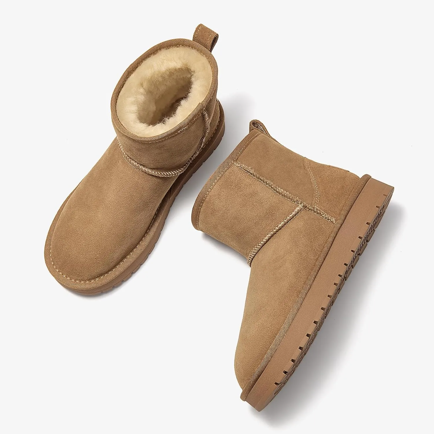 BEAU TODAY Snow Boots for Women Genuine Sheepskin Shearling Winter Non-Slip Ankle Booties Warm Fur Iining Platform Comfortable Round Toe Boots Pull-on Walking Shoes Outdoors