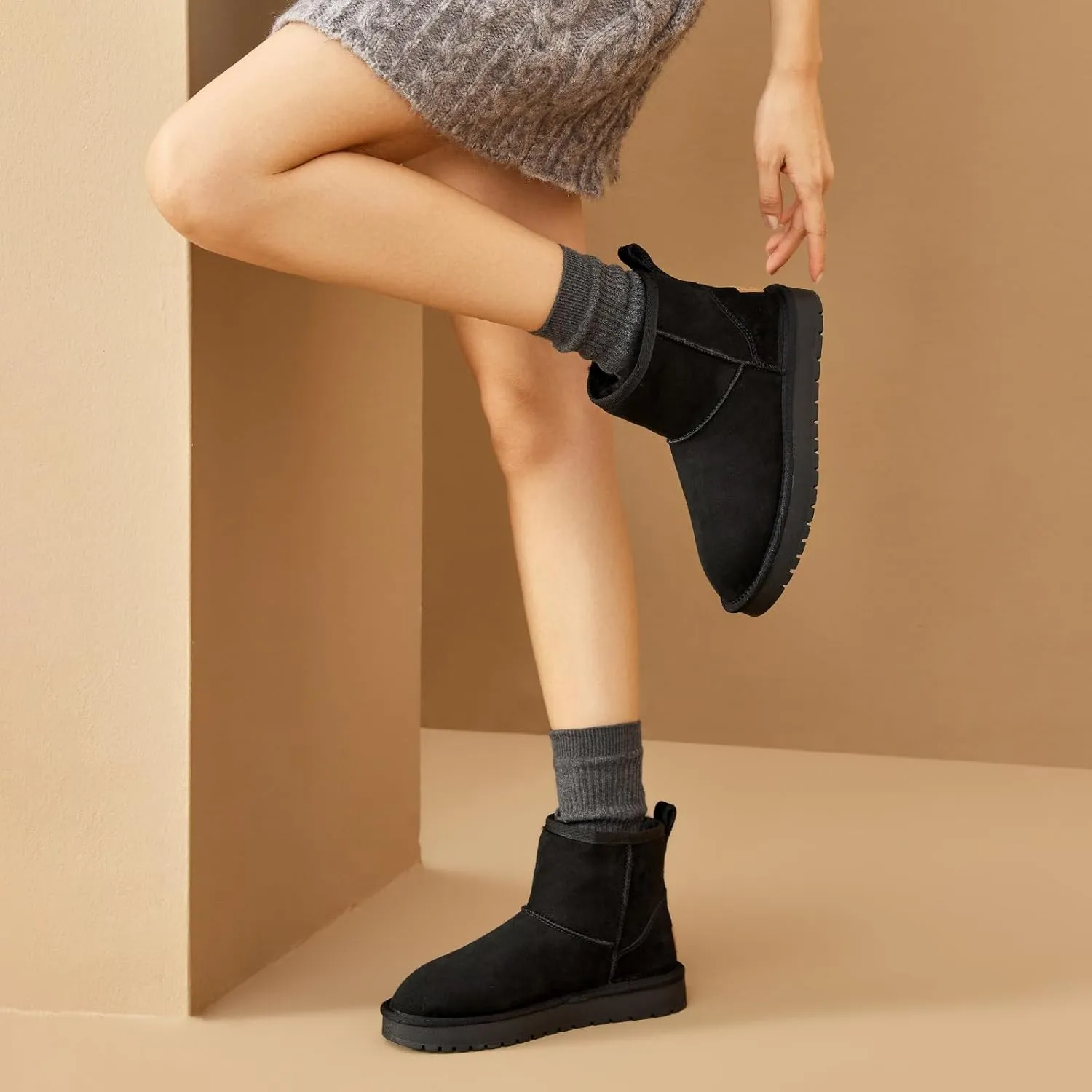 BEAU TODAY Snow Boots for Women Genuine Sheepskin Shearling Winter Non-Slip Ankle Booties Warm Fur Iining Platform Comfortable Round Toe Boots Pull-on Walking Shoes Outdoors