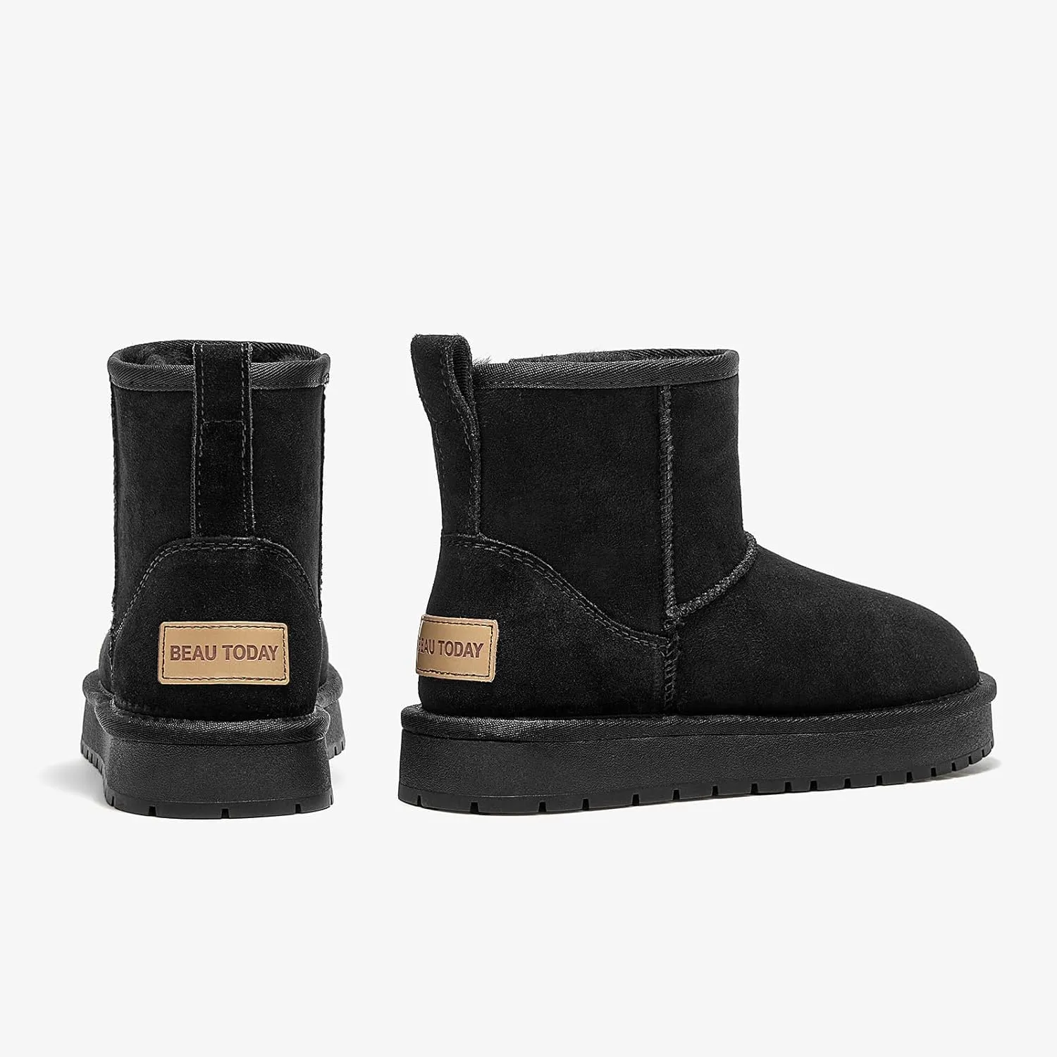 BEAU TODAY Snow Boots for Women Genuine Sheepskin Shearling Winter Non-Slip Ankle Booties Warm Fur Iining Platform Comfortable Round Toe Boots Pull-on Walking Shoes Outdoors