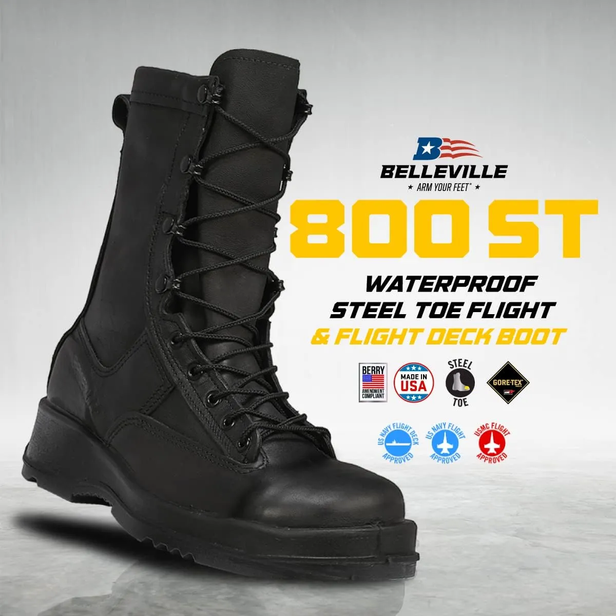 Belleville 800 ST 8” Waterproof Steel Toe Flight and Flight Deck Combat Boots for Men - US Navy Black Leather with Gore-Tex Lining and Vibram Outsole; Berry Compliant
