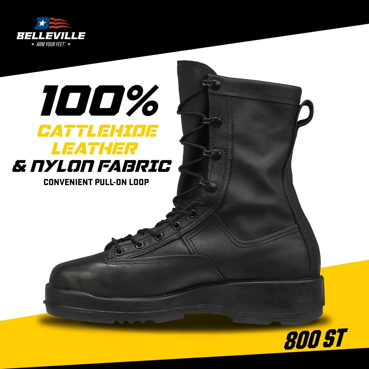Belleville 800 ST 8” Waterproof Steel Toe Flight and Flight Deck Combat Boots for Men - US Navy Black Leather with Gore-Tex Lining and Vibram Outsole; Berry Compliant
