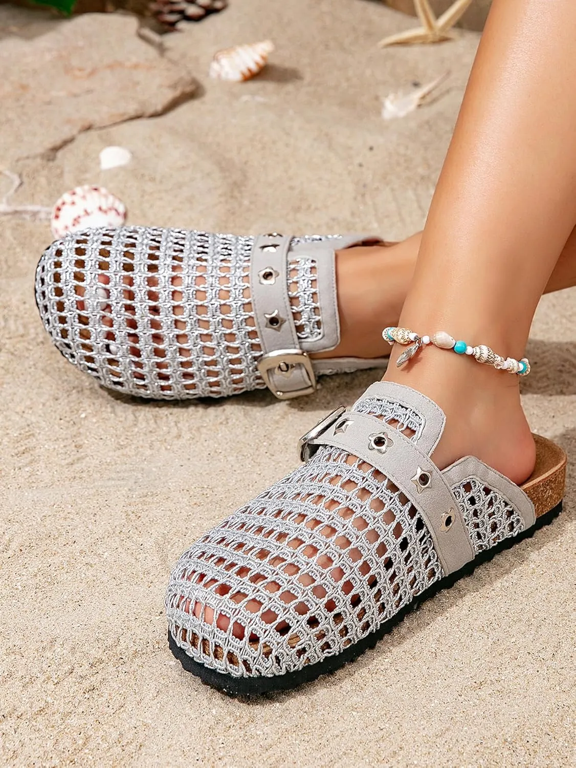 Breathable Woven Flat Sandals for Women – Adjustable Hook-and-Loop Straps with Metal Buckle, Lightweight Mesh Summer Shoes for Beach Walks, Vacations & Casual Outfits
