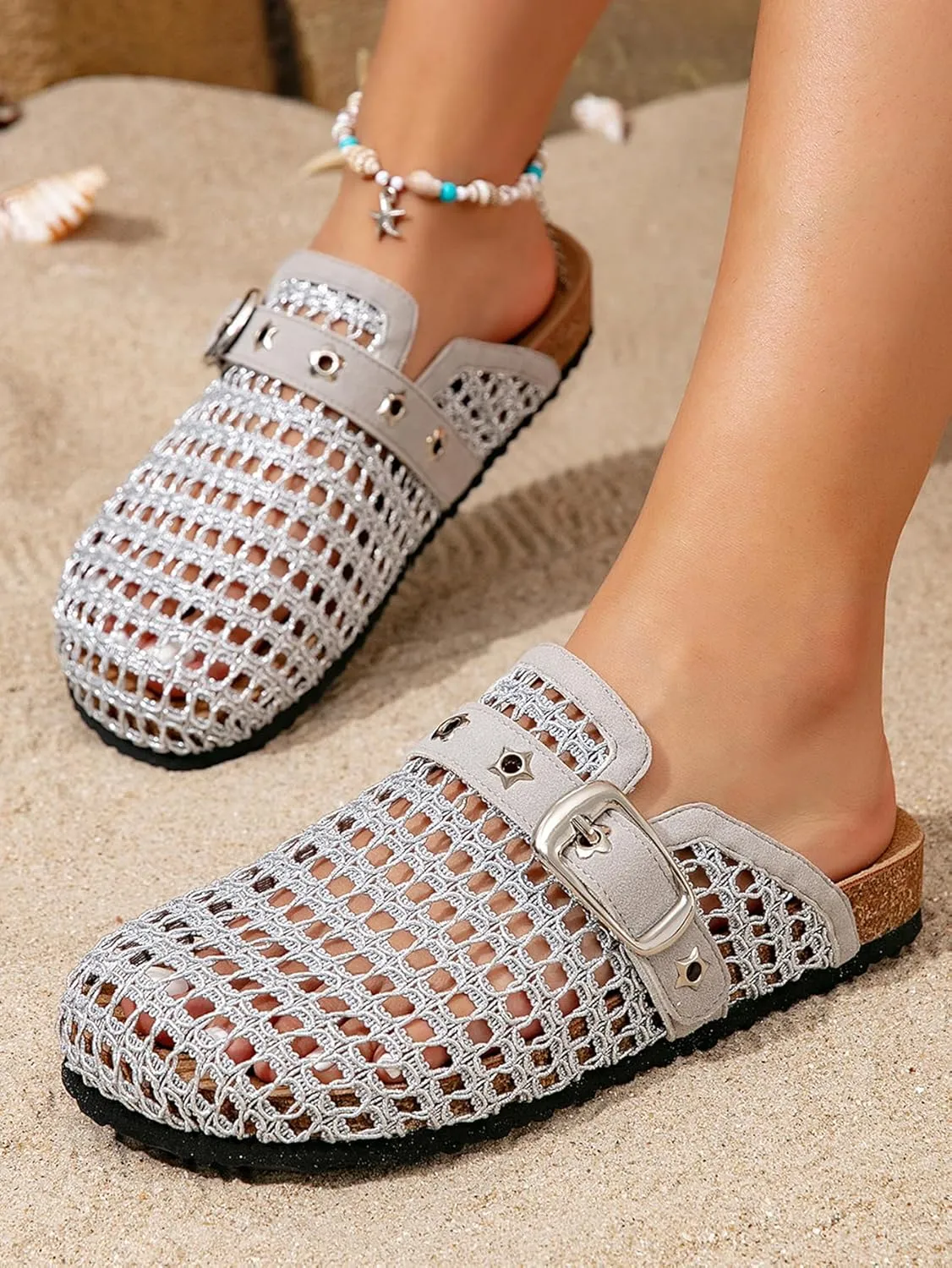 Breathable Woven Flat Sandals for Women – Adjustable Hook-and-Loop Straps with Metal Buckle, Lightweight Mesh Summer Shoes for Beach Walks, Vacations & Casual Outfits