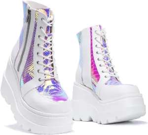 Cape Robbin Radio Holographic Platform Ankle Boots with Chunky Block Heels for Women