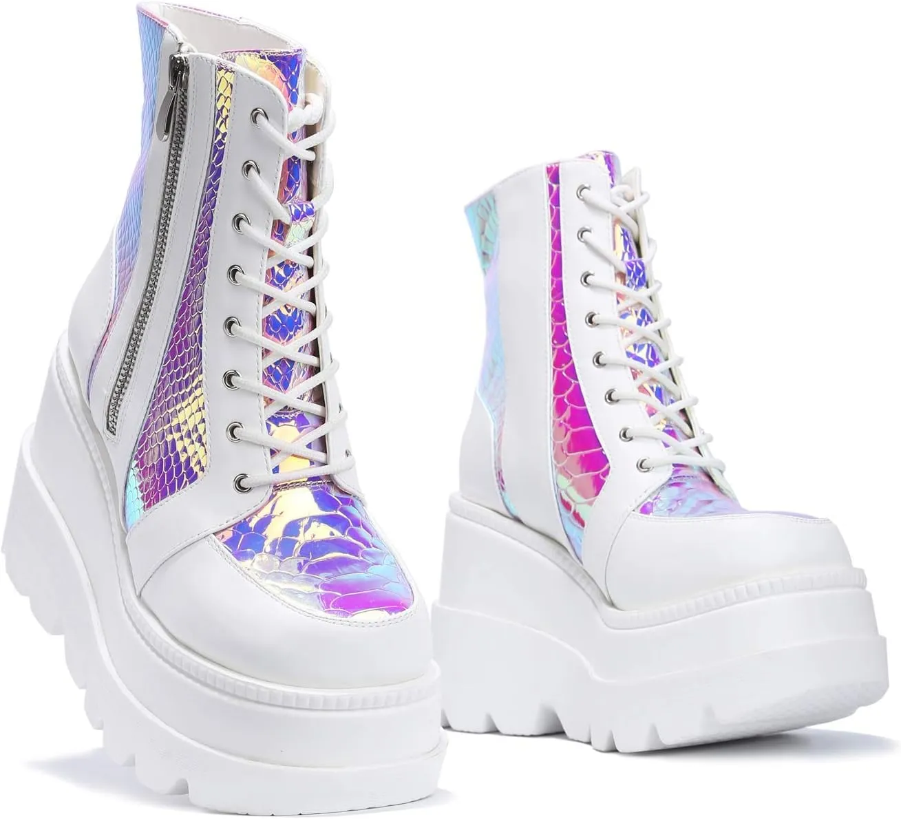 Cape Robbin Radio Holographic Platform Ankle Boots with Chunky Block Heels for Women