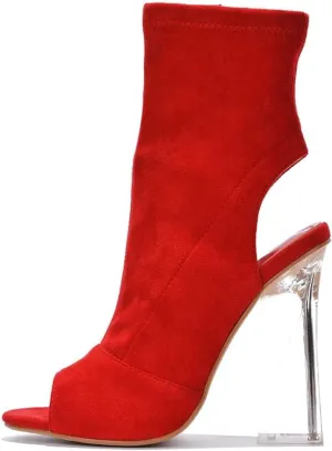 Cape Robbin Women's Clear Block Heel Ankle Booties - Faux Suede Round Peep Toe with Zipper Detail (Cally)