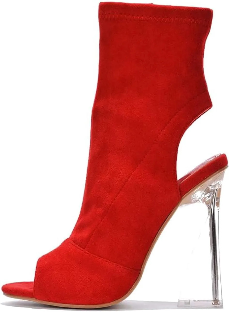 Cape Robbin Women's Clear Block Heel Ankle Booties - Faux Suede Round Peep Toe with Zipper Detail (Cally)