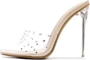Cape Robbin Women's Stiletto Heel Sandals - Rhinestone-Embellished Clear Slip-On Dress Shoes with Transparent Strap & Open Toe (Brisa)