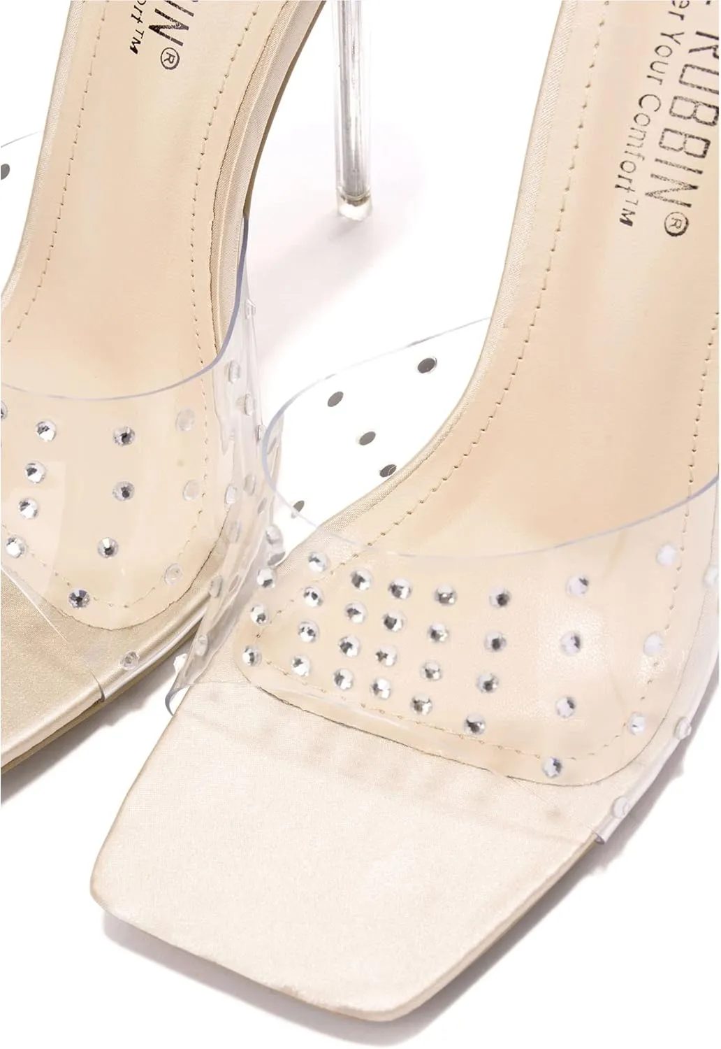 Cape Robbin Women's Stiletto Heel Sandals - Rhinestone-Embellished Clear Slip-On Dress Shoes with Transparent Strap & Open Toe (Brisa)