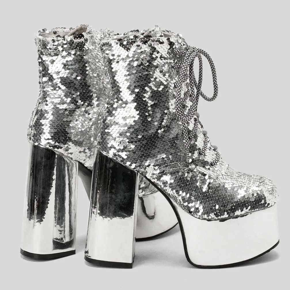 Caradise Womens Lace Up Glitter Combat Boots Chunky Heel Sequin Ankle Booties