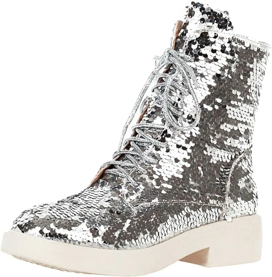 Caradise Womens Lace Up Glitter Combat Boots Chunky Heel Sequin Ankle Booties