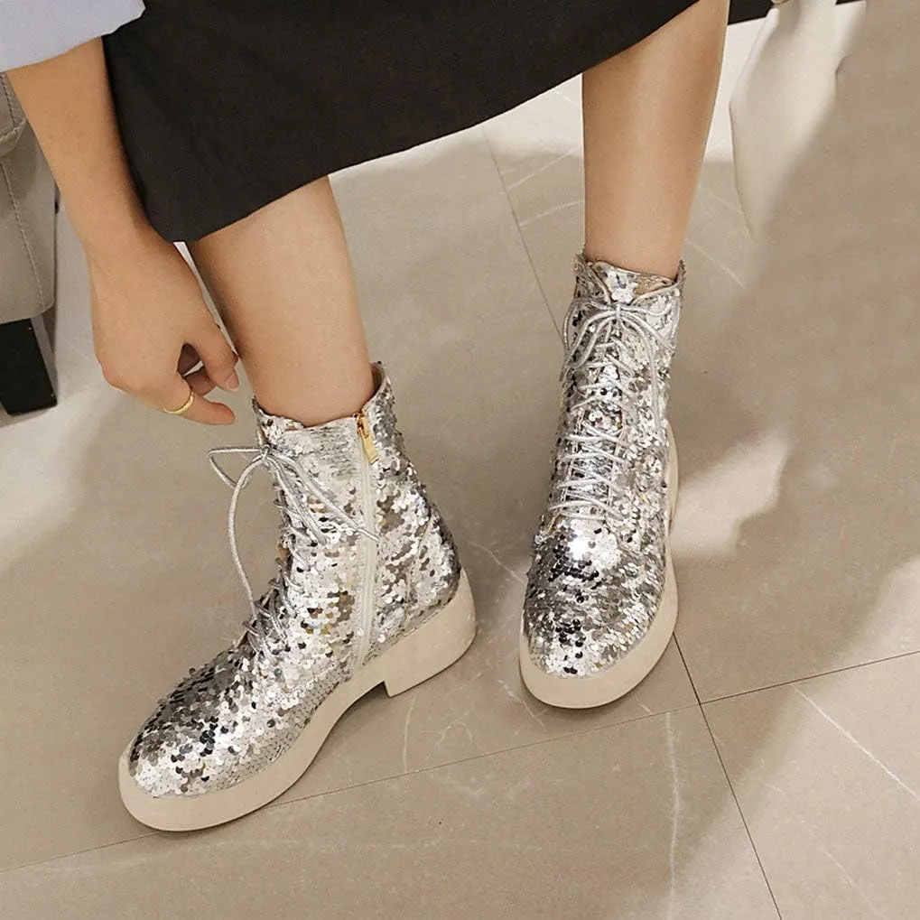 Caradise Womens Lace Up Glitter Combat Boots Chunky Heel Sequin Ankle Booties