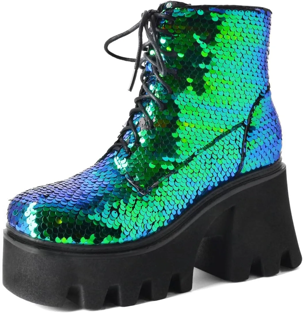 Caradise Womens Lace Up Glitter Combat Boots Chunky Heel Sequin Ankle Booties