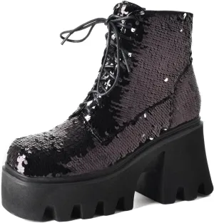 Caradise Womens Lace Up Glitter Combat Boots Chunky Heel Sequin Ankle Booties