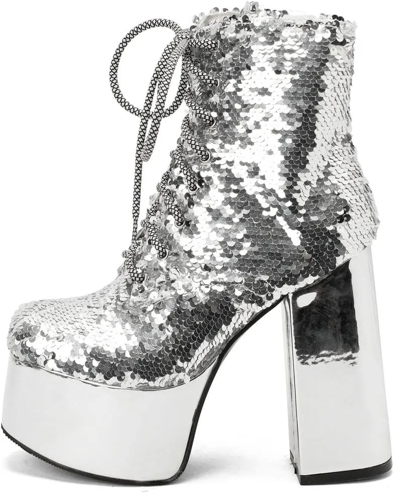 Caradise Womens Lace Up Glitter Combat Boots Chunky Heel Sequin Ankle Booties