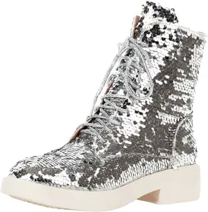 Caradise Womens Lace Up Glitter Combat Boots Chunky Heel Sequin Ankle Booties