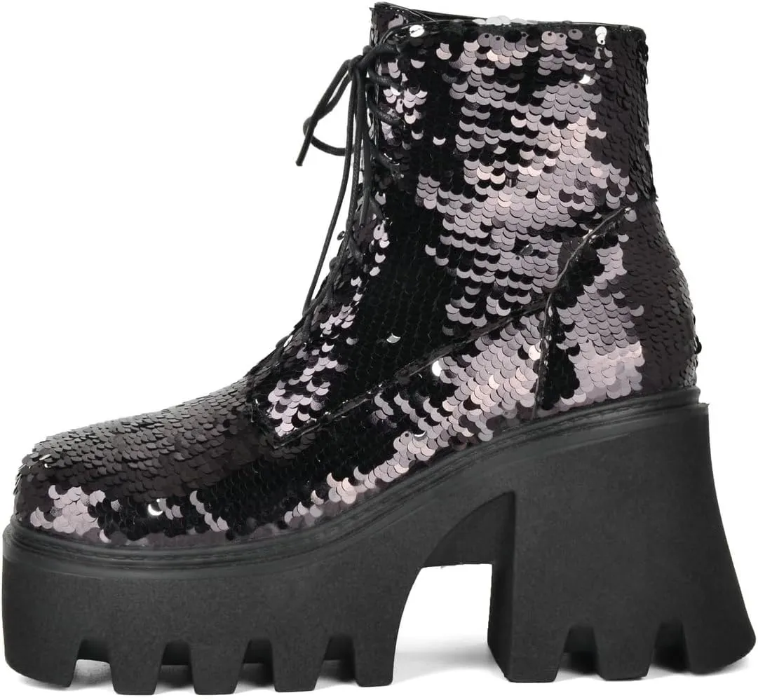 Caradise Womens Lace Up Glitter Combat Boots Chunky Heel Sequin Ankle Booties