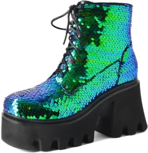Caradise Womens Lace Up Glitter Combat Boots Chunky Heel Sequin Ankle Booties