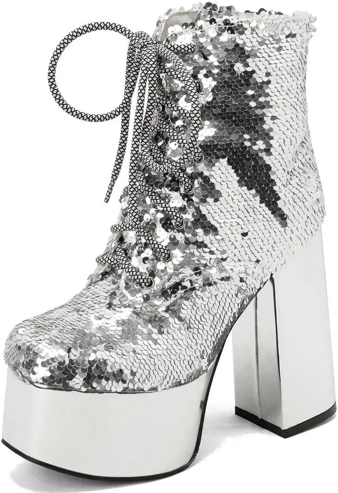 Caradise Womens Lace Up Glitter Combat Boots Chunky Heel Sequin Ankle Booties