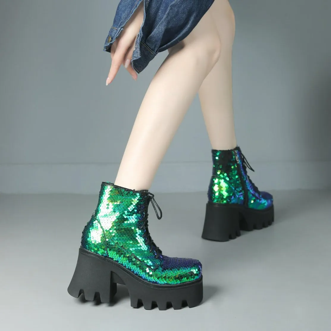 Caradise Womens Lace Up Glitter Combat Boots Chunky Heel Sequin Ankle Booties