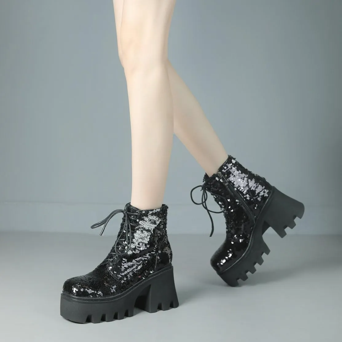 Caradise Womens Lace Up Glitter Combat Boots Chunky Heel Sequin Ankle Booties