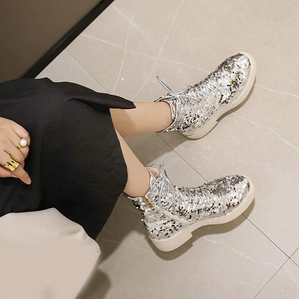 Caradise Womens Lace Up Glitter Combat Boots Chunky Heel Sequin Ankle Booties