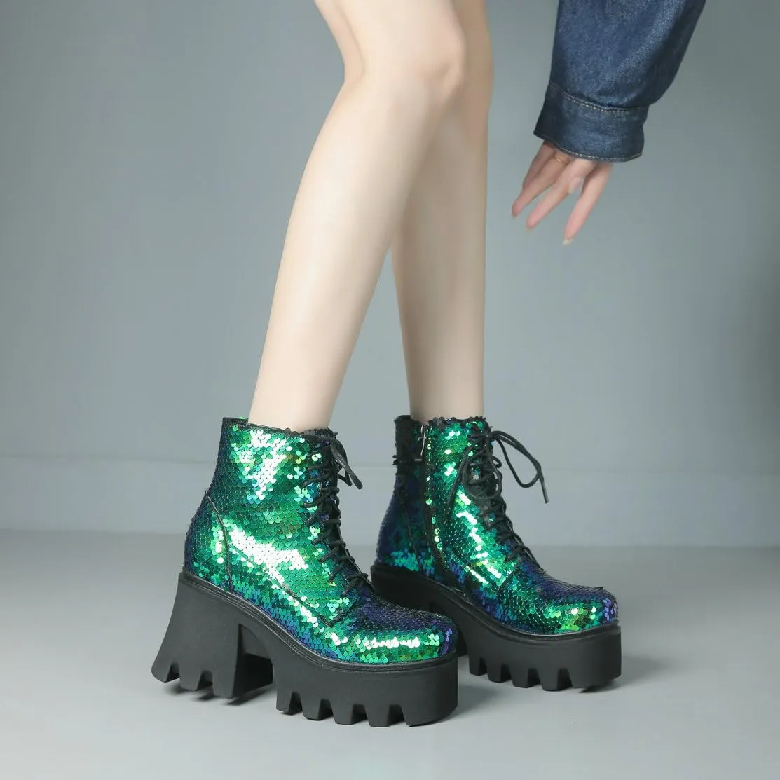 Caradise Womens Lace Up Glitter Combat Boots Chunky Heel Sequin Ankle Booties