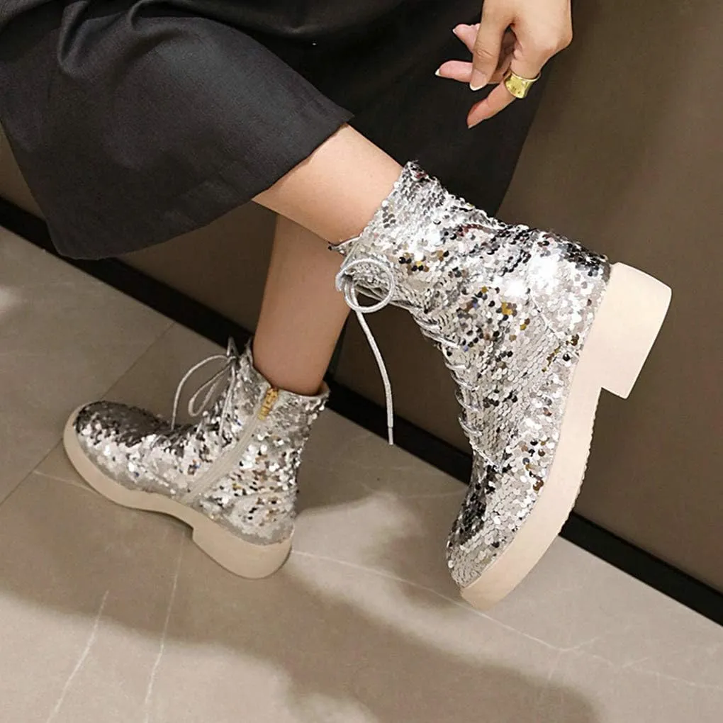 Caradise Womens Lace Up Glitter Combat Boots Chunky Heel Sequin Ankle Booties